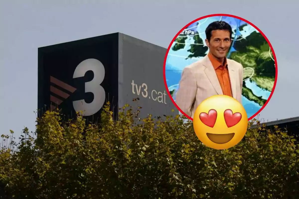 Un edifici amb el logotip de TV3 i un cercle vermell amb la imatge d?un presentador del clima somrient, acompanyat d?un emoji de cara amb cors.