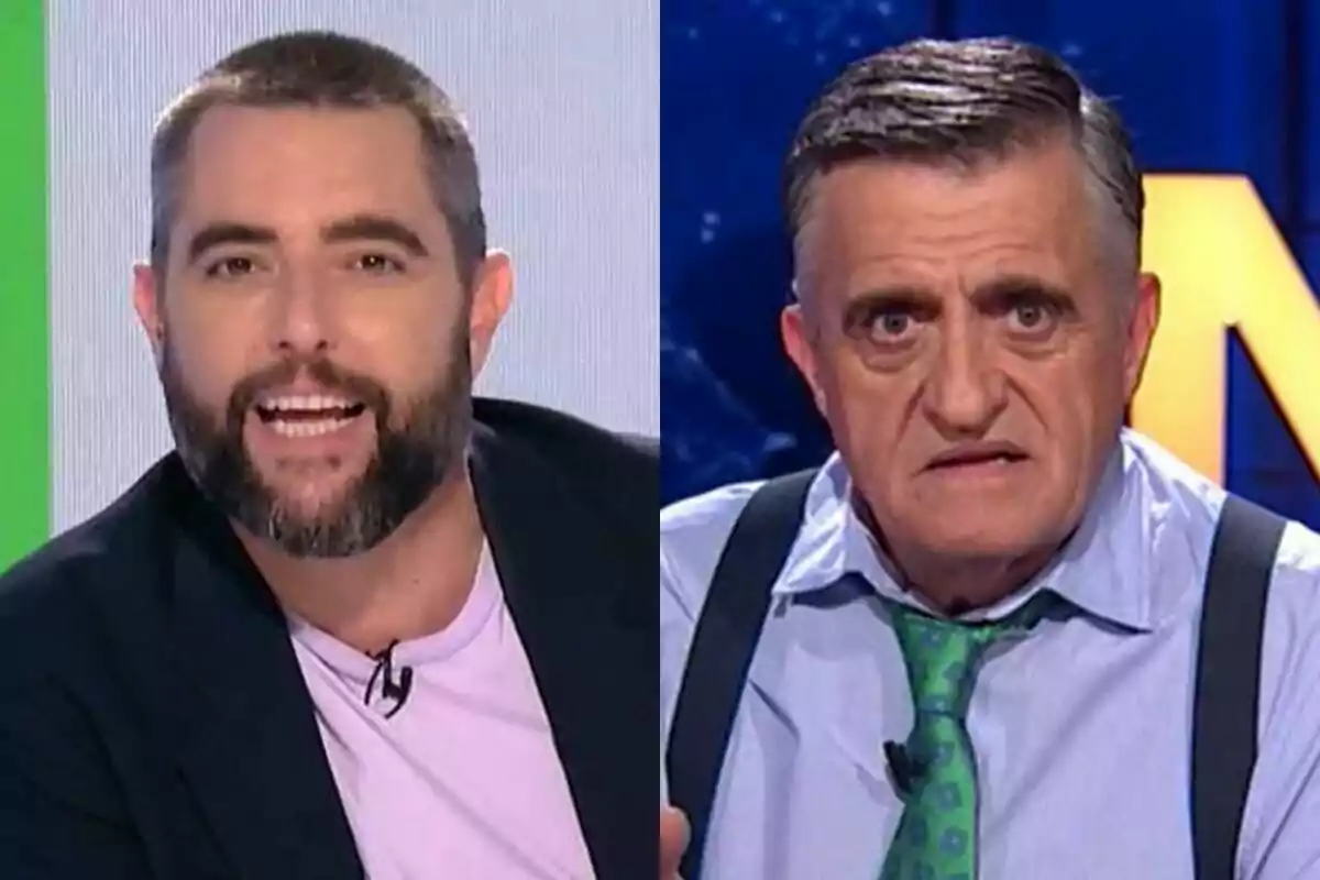 Muntatge de Dani Mateo parlant a Zapeando a l'esquerra amb Wyoming amb expressió seriosa a El Intermedio a la dreta.