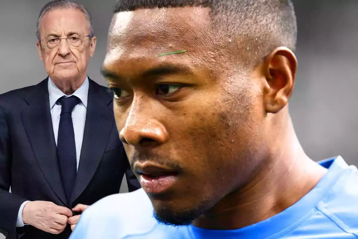 David Alaba amb la mirada perduda i Florentino Pérez al fons en vestit i cordant la seva americana