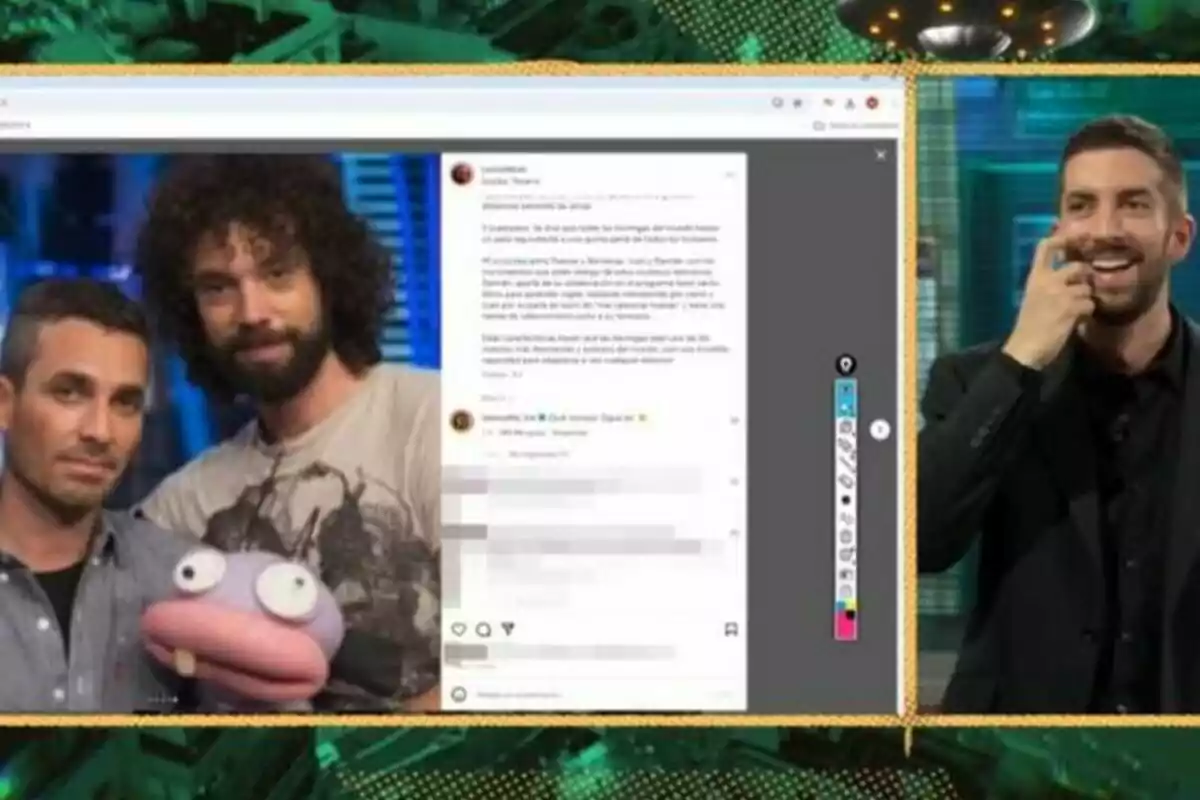 David Broncano a La Revuelta a la dreta observa com es mostra una publicació d'Instagram amb Juan Ibáñez i Damián Moya amb Trancas a El Hormiguero.