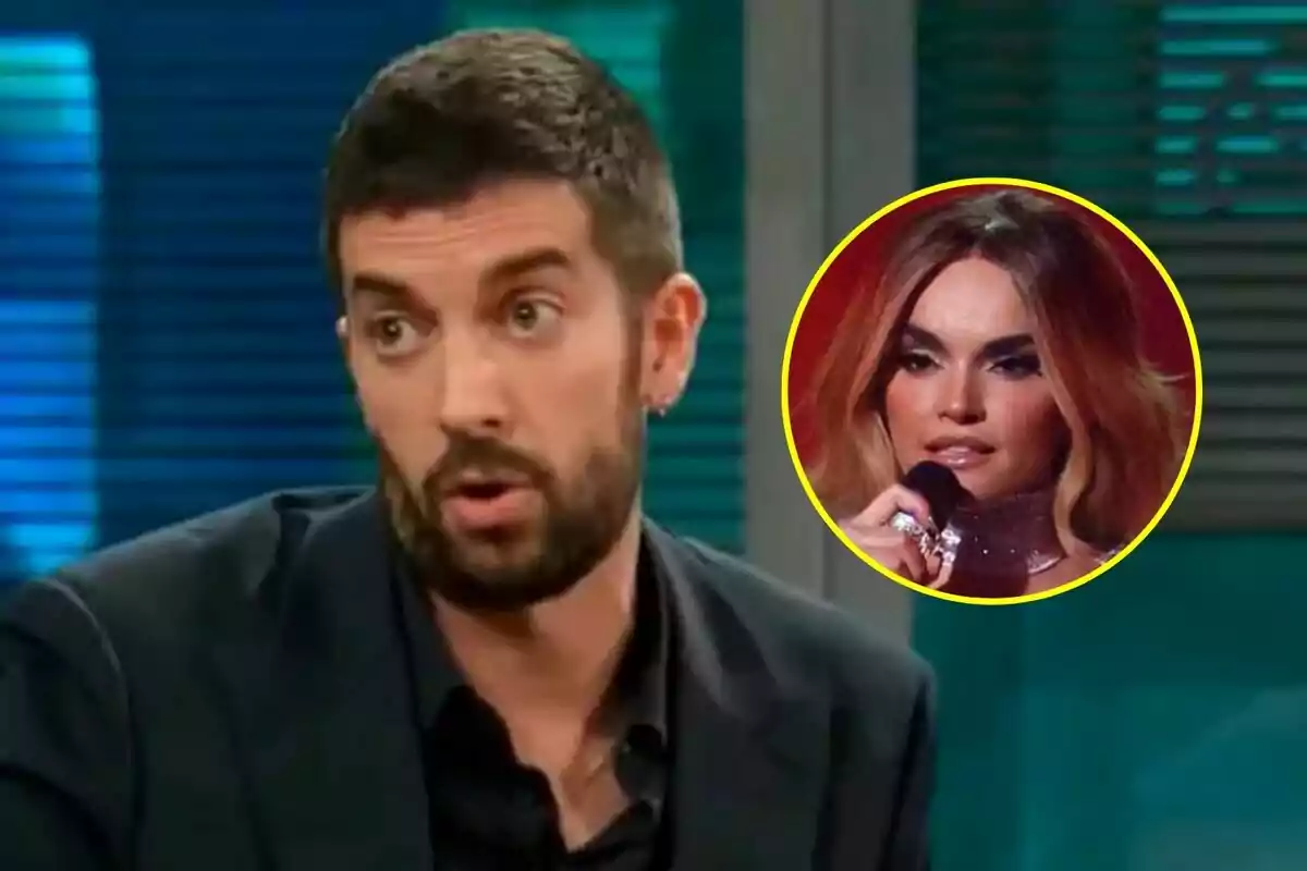 David Broncano amb barba i expressió sorpresa a La Revuelta amb un requadre que mostra a Melody sostenint un micròfon d'Eurovisió.