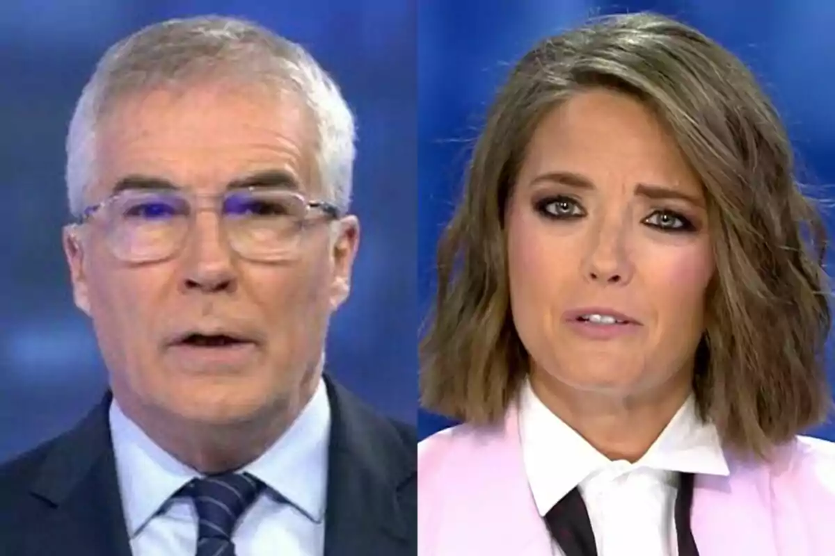 Montaje de David Cantero y María Casado en Informativos Telecinco con fondo azul.