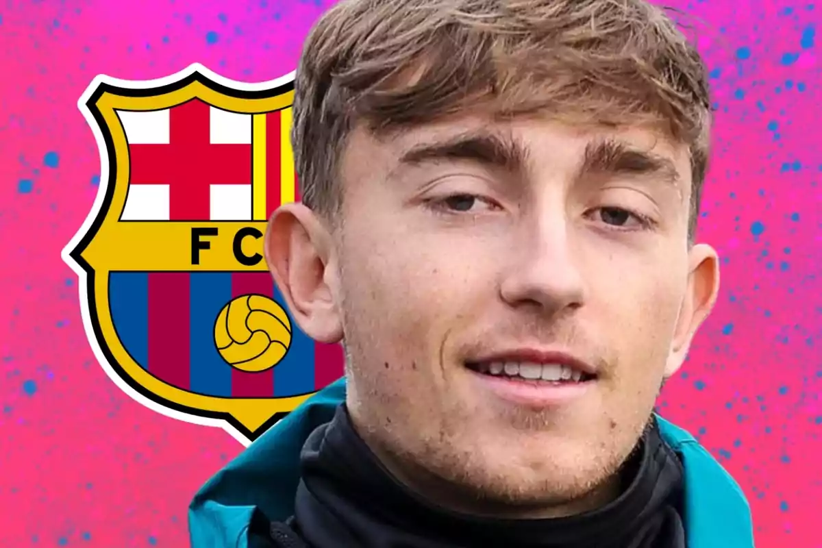 A young man with light brown hair in front of the FC Barcelona crest against a pink background with blue spots.