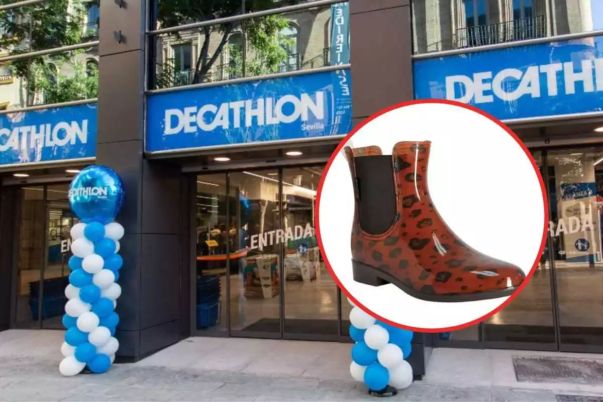 Muntatge amb una botiga de Decathlon amb unes botes de pluja per a dona