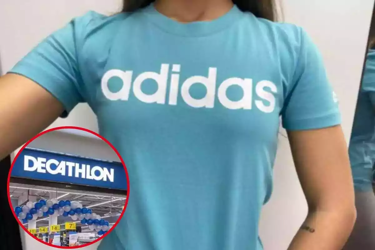 Imatge de fons d'una persona posant amb una samarreta Adidas venuda a Decathlon i una altra imatge d'un logotip de Decathlon