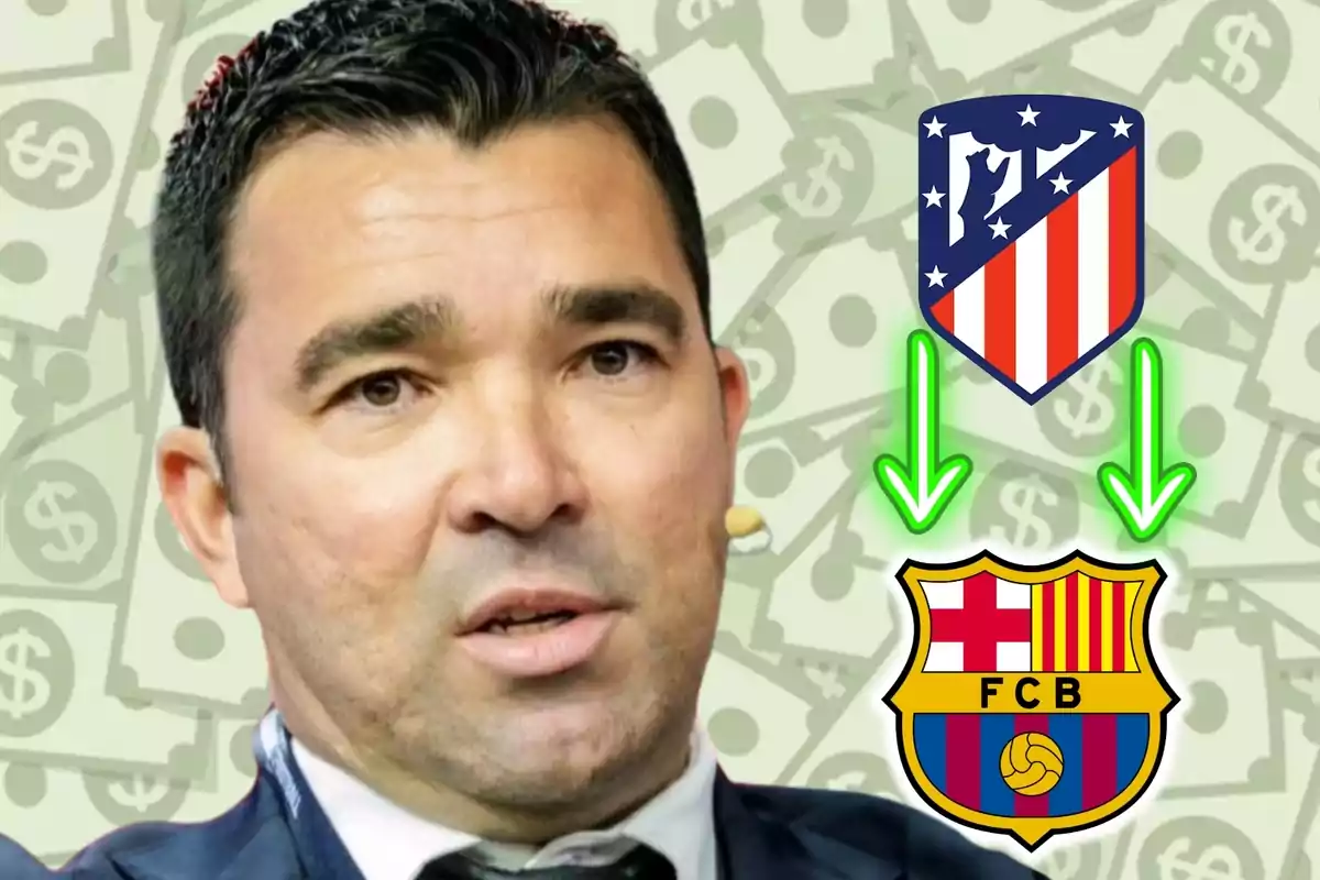 Un hombre con micrófono y fondo de billetes, con los escudos del Atlético de Madrid y el FC Barcelona conectados por flechas verdes.