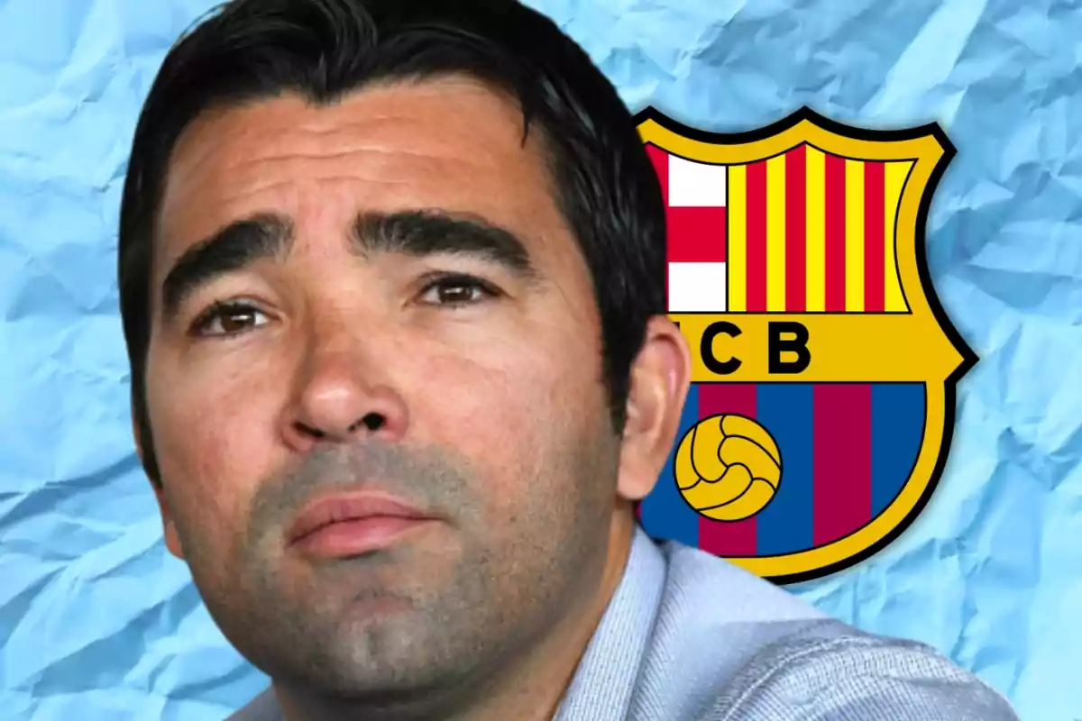 Un home amb cabells foscos i expressió seriosa davant d'un fons blau arrugat i l'escut del FC Barcelona.