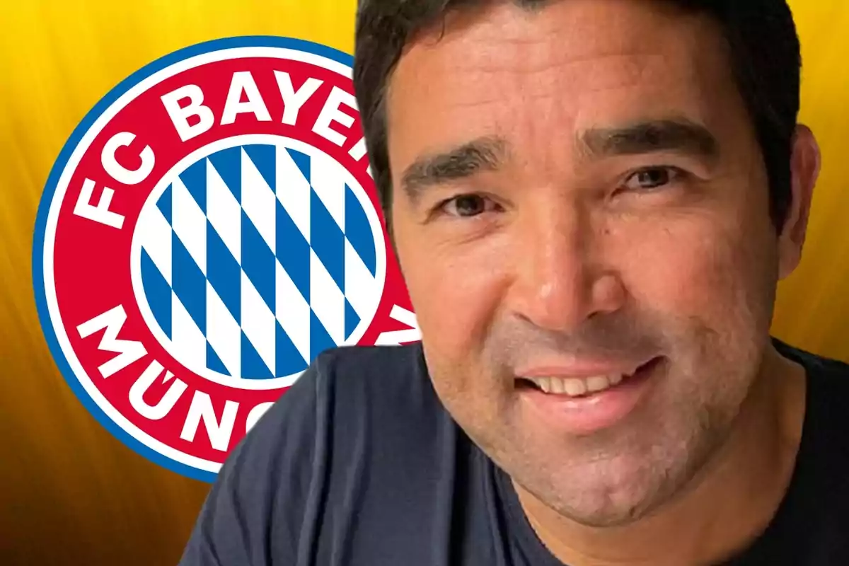 Deco en primer pla amb un somriure al costat de l'escut del Bayern Munic