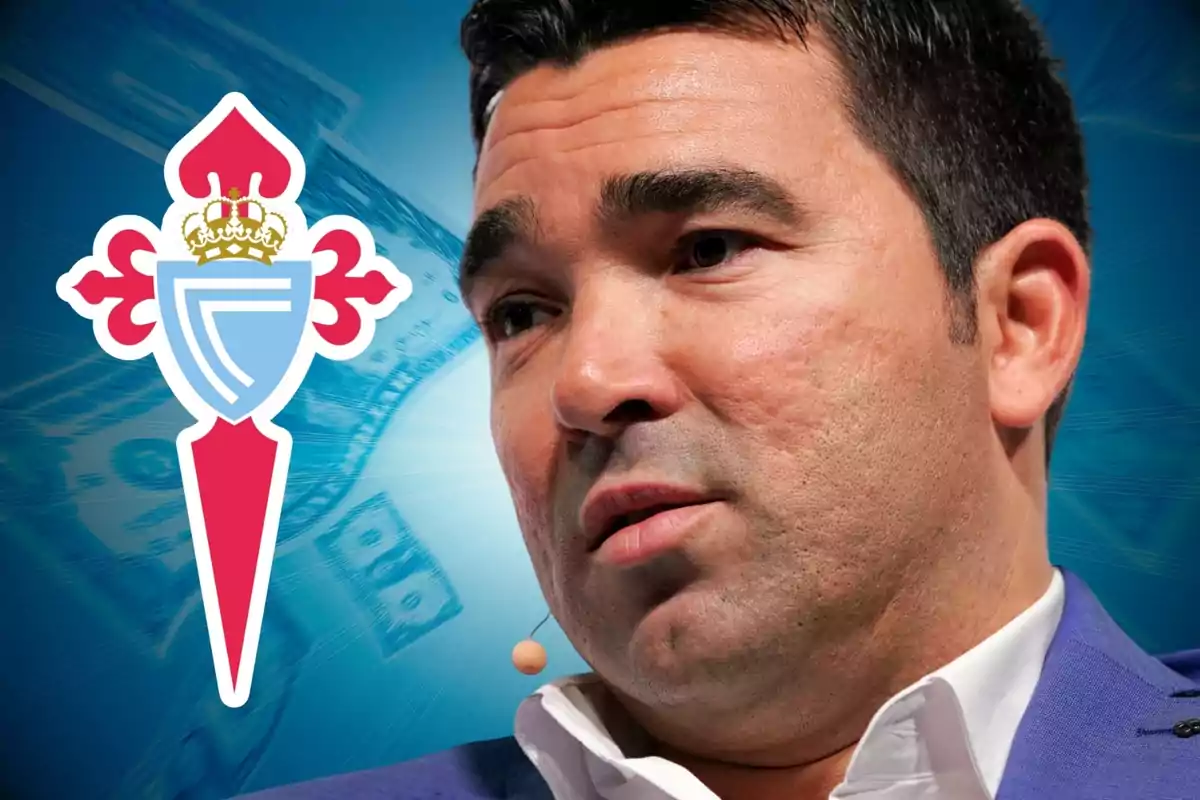 Hombre con micrófono de solapa y el escudo del Celta de Vigo en el fondo.