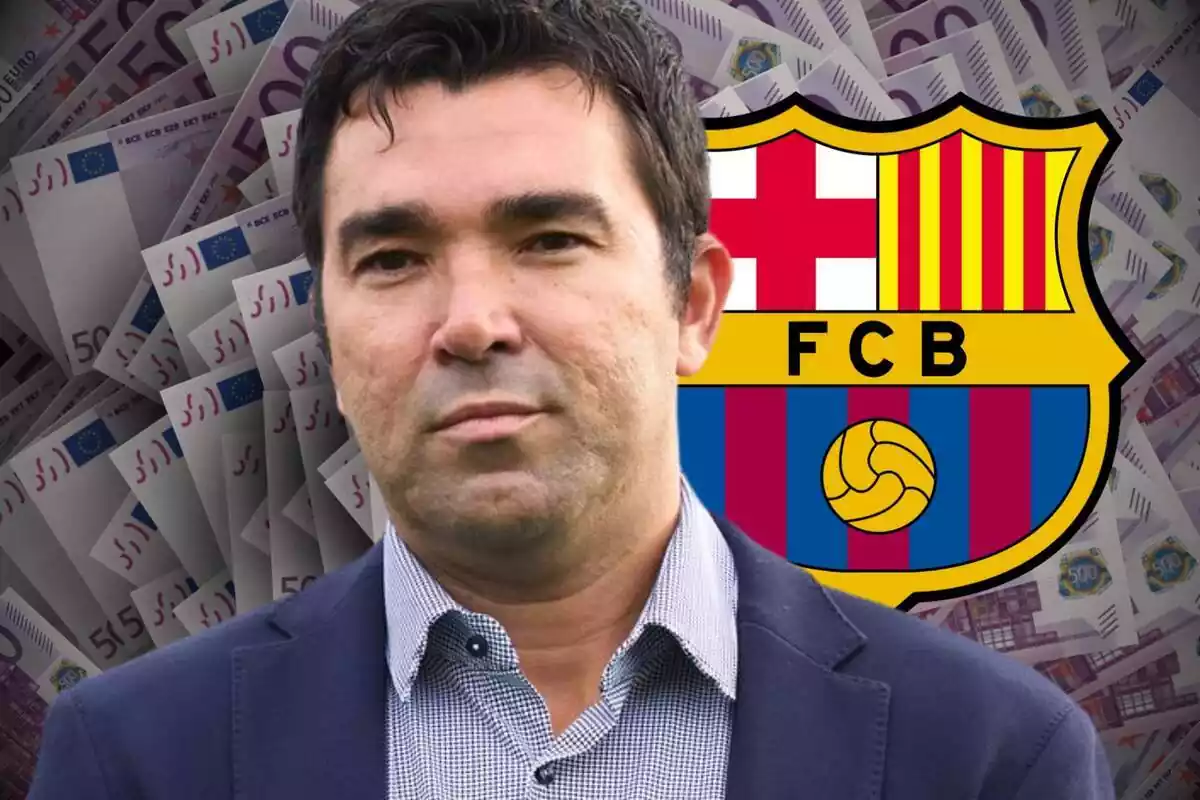 Deco en primer pla amb l'escut del FC Barcelona al costat i molts bitllets de 500 euros al fons