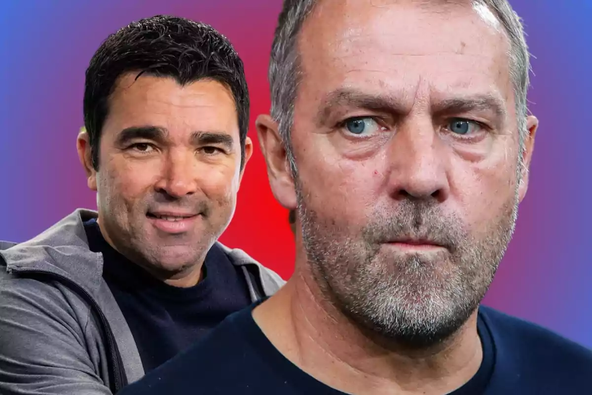 Dos hombres con expresiones faciales diferentes sobre un fondo degradado de azul a rojo.