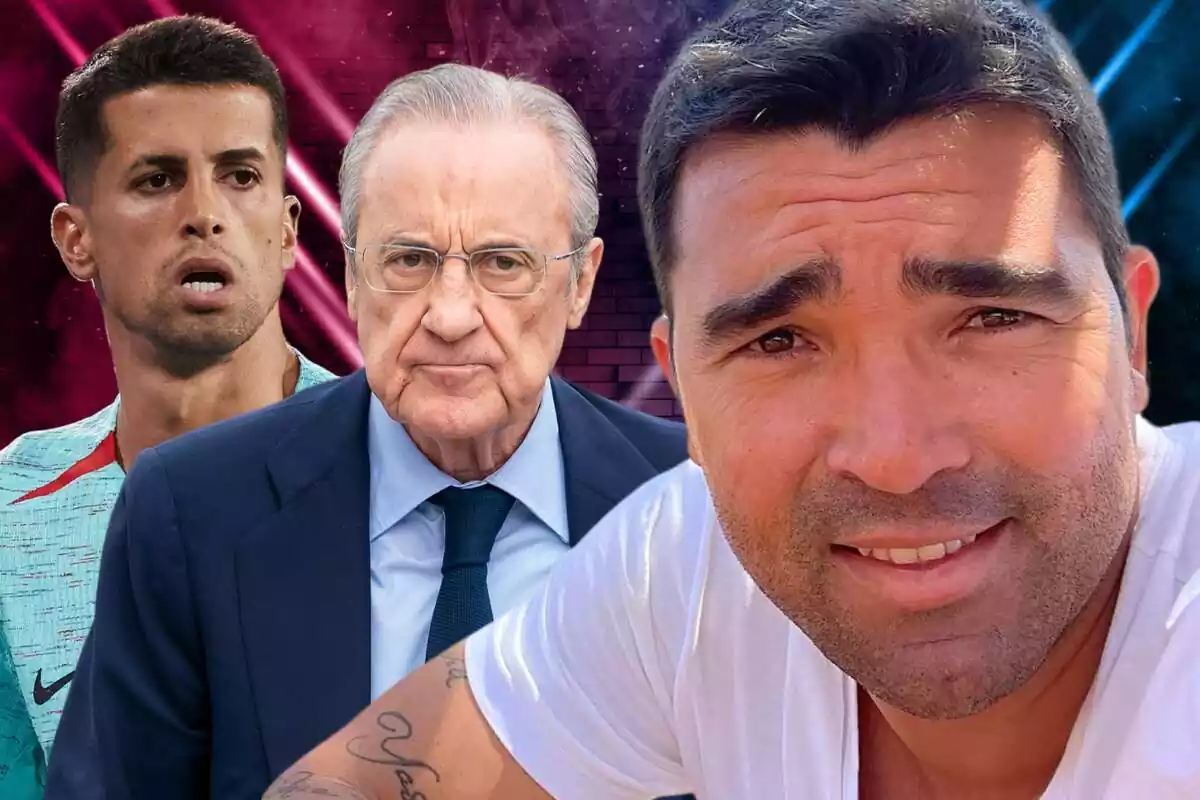 Deco amb Florentino Pérez i Joao Cancelo sobre un fons de color vermell i blau