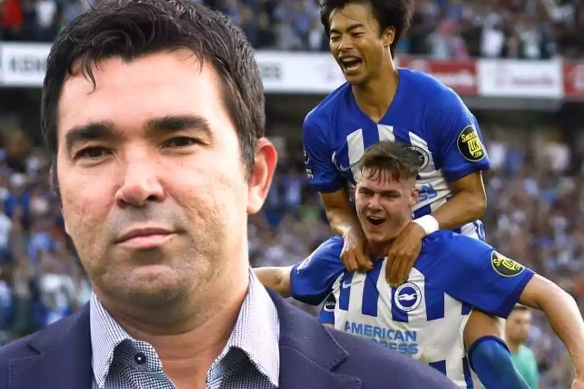 El director esportiu del Barça, Deco, en primer pla amb una foto del Brighton anglès de fons