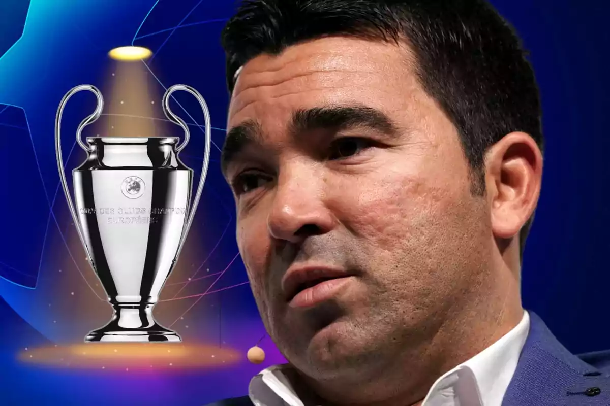 A man in the foreground with a Champions League trophy in the background on a blue graphic design.