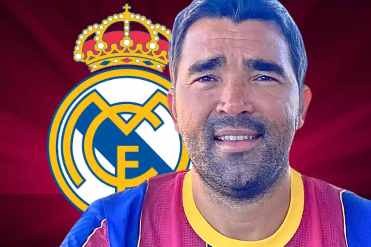 A man with a soccer jersey in front of the Real Madrid crest.