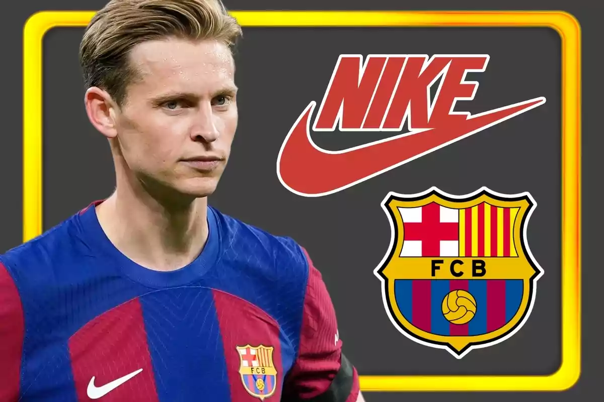 Jugador de fútbol con camiseta del FC Barcelona junto a los logotipos de Nike y el club.