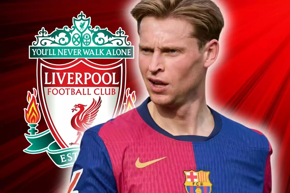 A player wearing the FC Barcelona jersey appears in front of the Liverpool FC crest on a red background.