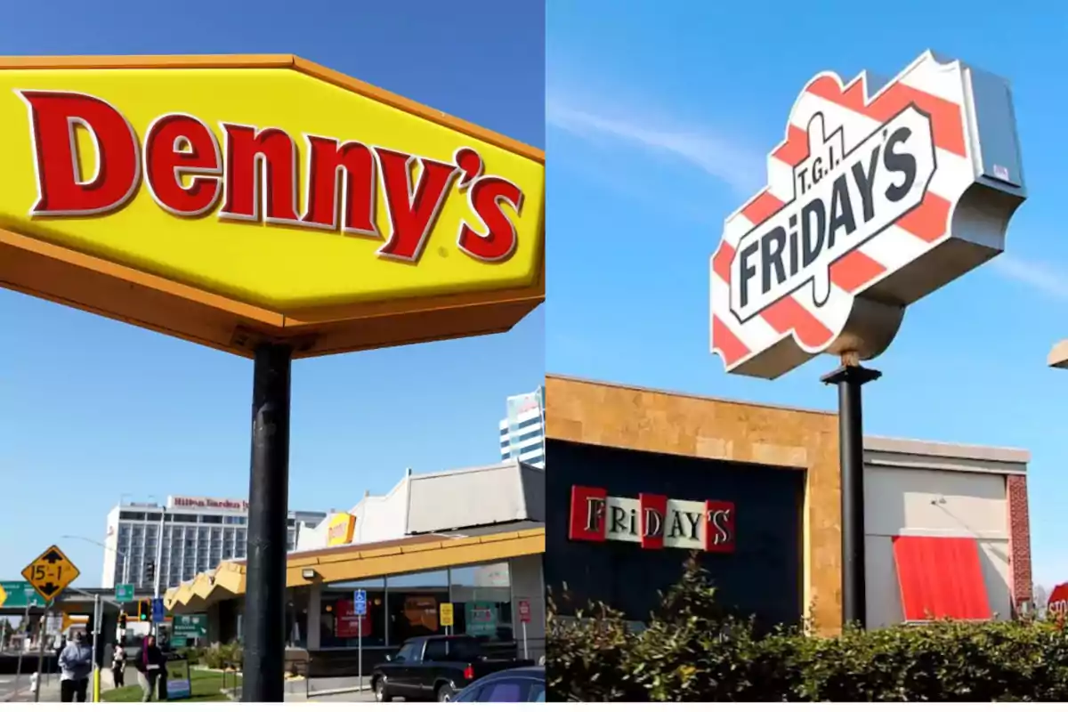 Two restaurant signs, one for Denny's with a yellow background and another for T.G.I. Friday's with a white and red background, both on outdoor poles. Two restaurant signs, one for Denny's with a yellow background and another for T.G.I. Friday's with a white and red background, both on outdoor poles.