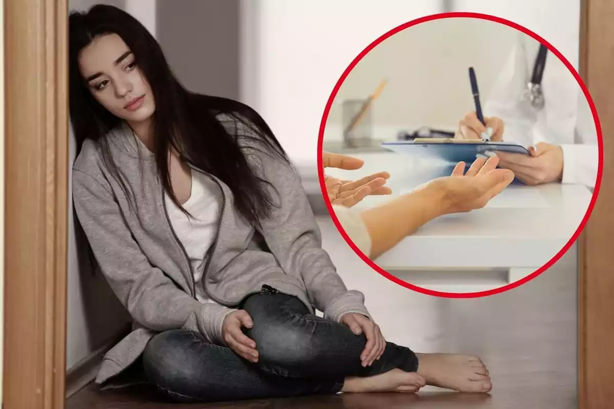 Imatge de fons d'una dona asseguda a terra amb gest seriós, i una altra imatge d'un metge atenent un pacient