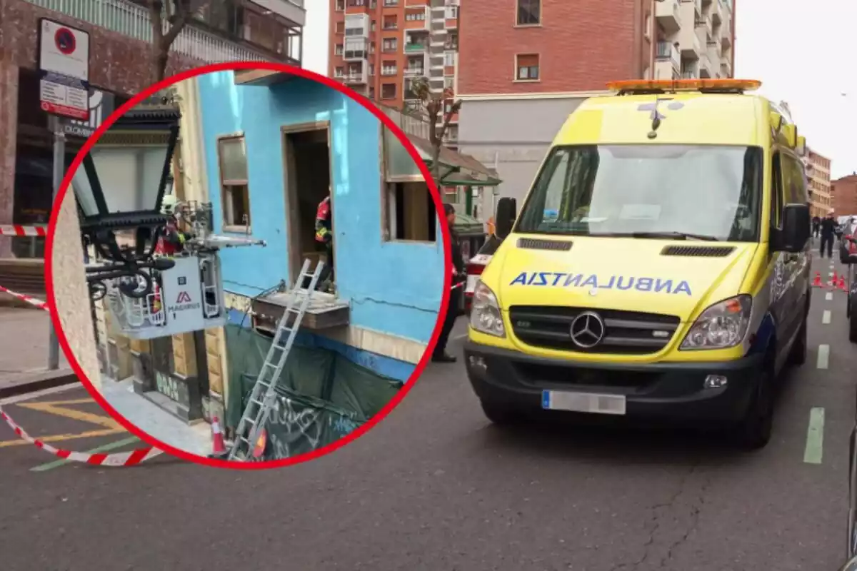 Muntatge amb una imatge de l'edifici esfondrat i una ambulància del País Basc