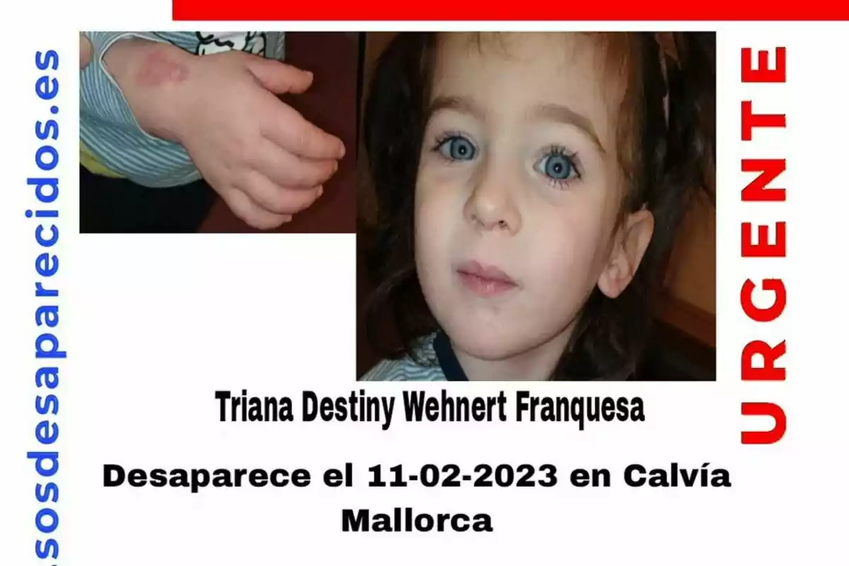 Una imatge d'un cartell de cerca d'una nena desapareguda a Calvià, Mallorca l'11-02-2023, amb la paraula “URGENT” en vermell i un lloc web en blau.