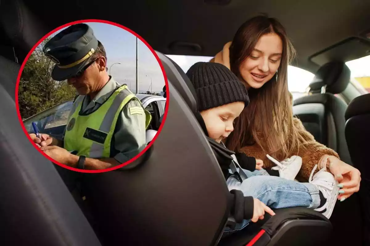 Una mare col·loca un nen a la cadireta del cotxe, i al cercle, un agent de la guàrdia civil