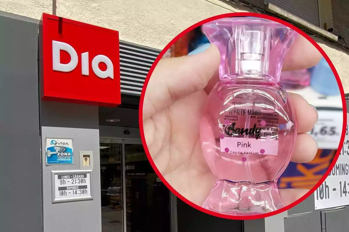 Muntatge amb una imatge de fons d'un supermercat Dia i una altra del perfum Candy Pink de Flor de Mayo