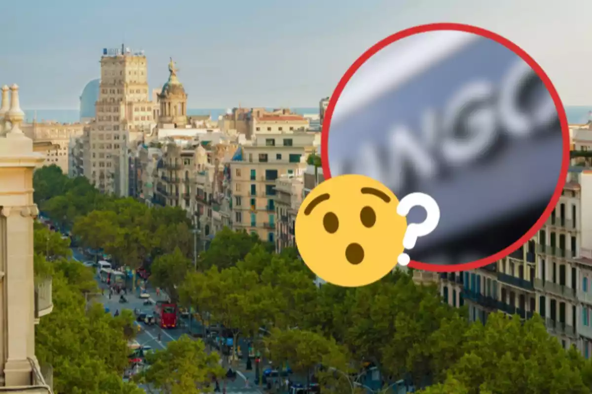 Diagonal de barcelona i un mànec borrós en un cercle amb un emoji de sorpresa i un signe de pregunta