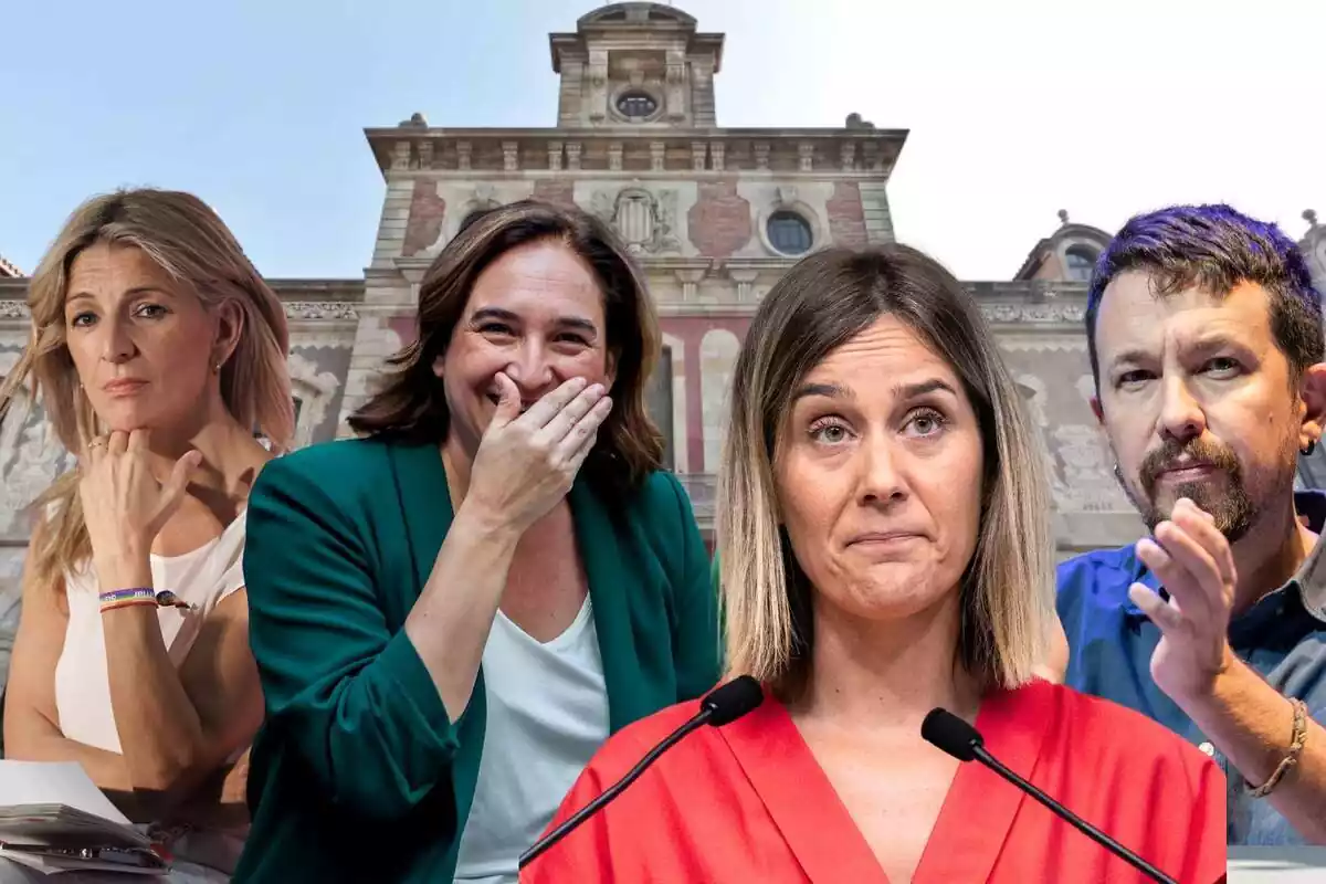 Muntatge fotogràfic amb el Parlament de Catalunya de fons i amb Yolanda Díaz, Ada Colau, Jéssica Albiach i Pablo Iglesias en primer pla