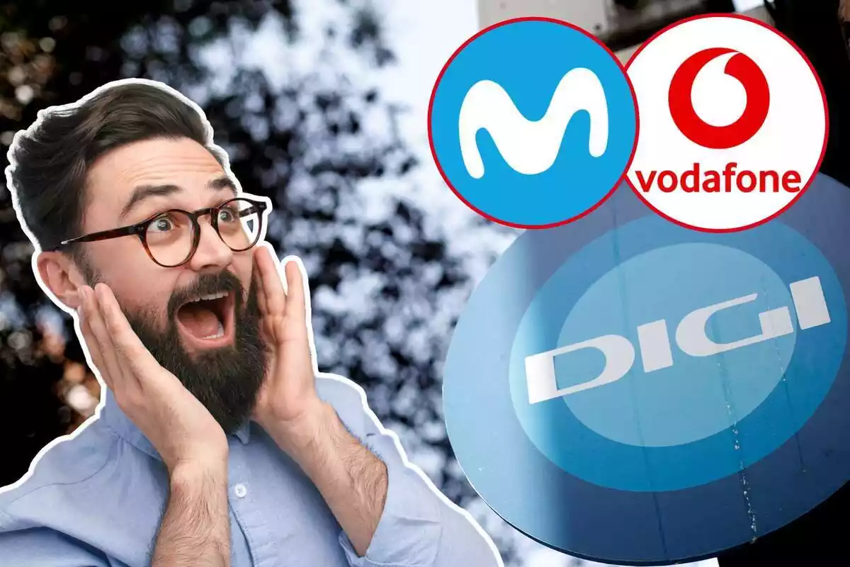 Muntatge amb una imatge de fons d'una botiga Digi amb els logos de Movistar i Vodafone i un home sorprès