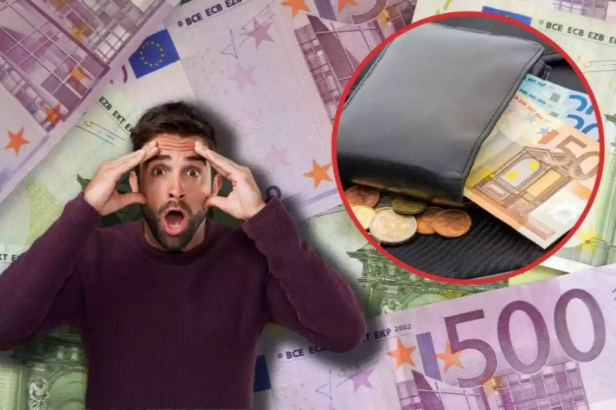 Un fons de bitllets d'un euro, amb un home amb les mans al cap i gest de sorpresa, i al cercle una cartera amb diners
