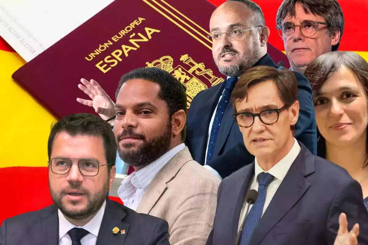 Muntatge dels polítics catalans Pere Aragonès, Ignacio Garriga, Salvador Illa, Sílvia Orriols Alejandro Fernández i Carles Puigdemont, amb un passaport espanyol de fons