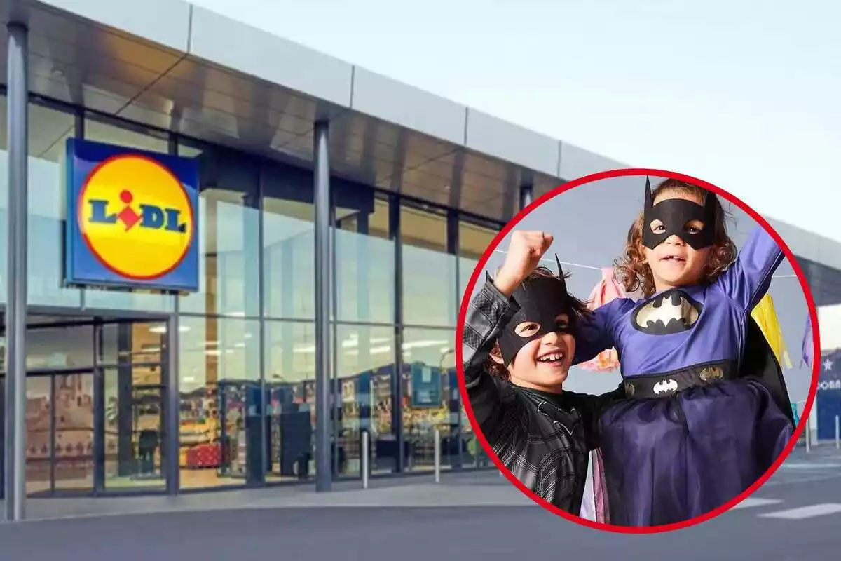 Muntatge amb façana del supermercat Lidl i en un cercle nens disfressats de Batman i Batgirl