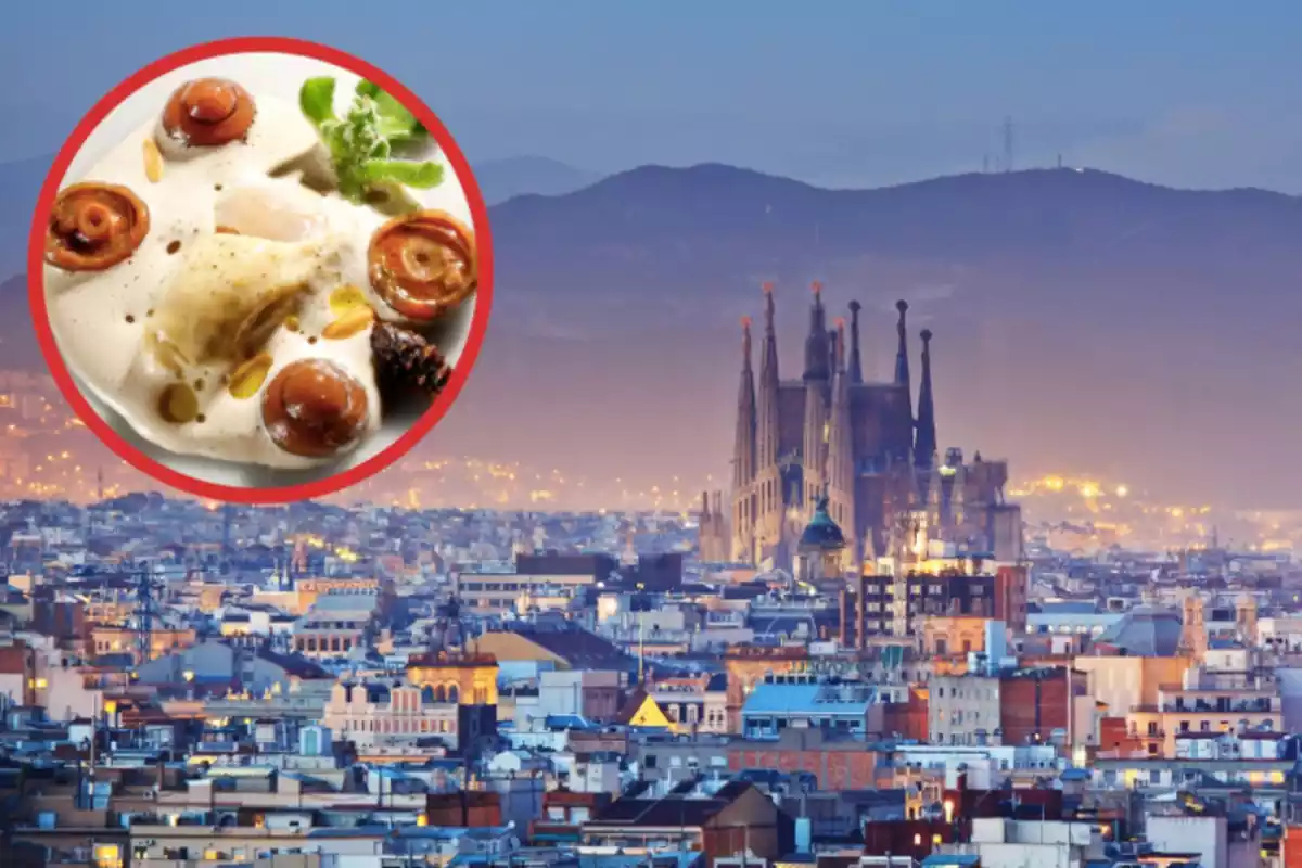 Barcelona amb la sagrada família i un cercle amb un àpat amb tomàquets i peix