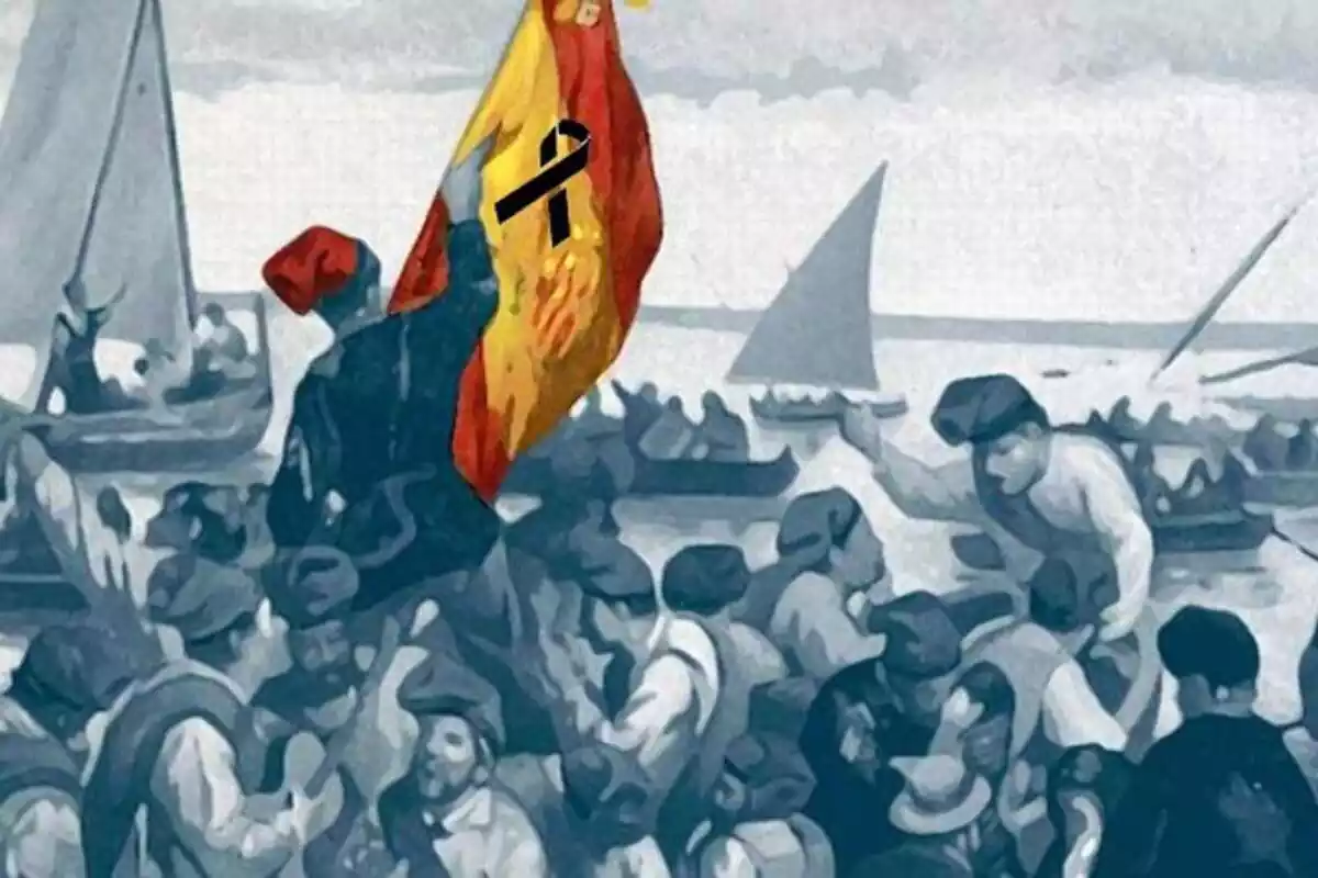Imatge corporativa de Dolça Catalunya on es veuen, en format dibuix, diversos homes amb barretina al mar i un porta una bandera d'Espanya amb un crespó negre