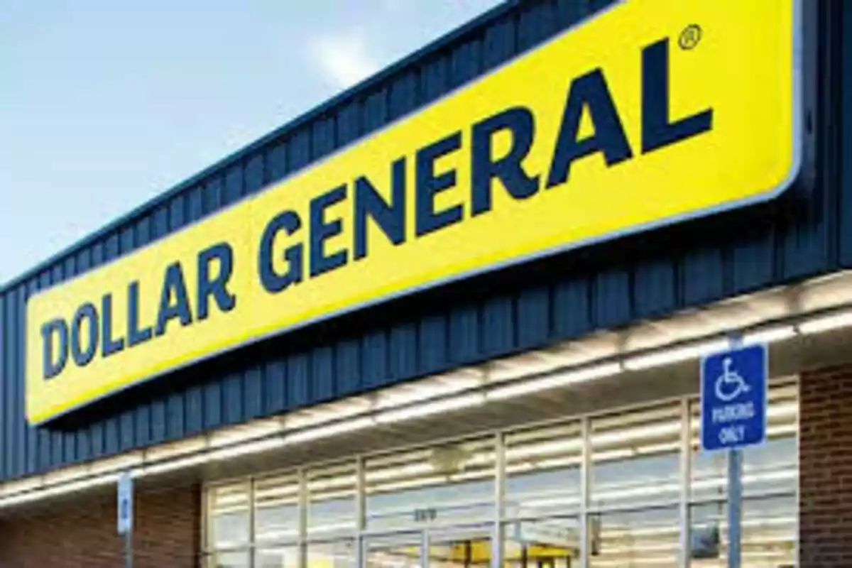 Storefront with a yellow sign that says "Dollar General" and a handicapped parking sign.