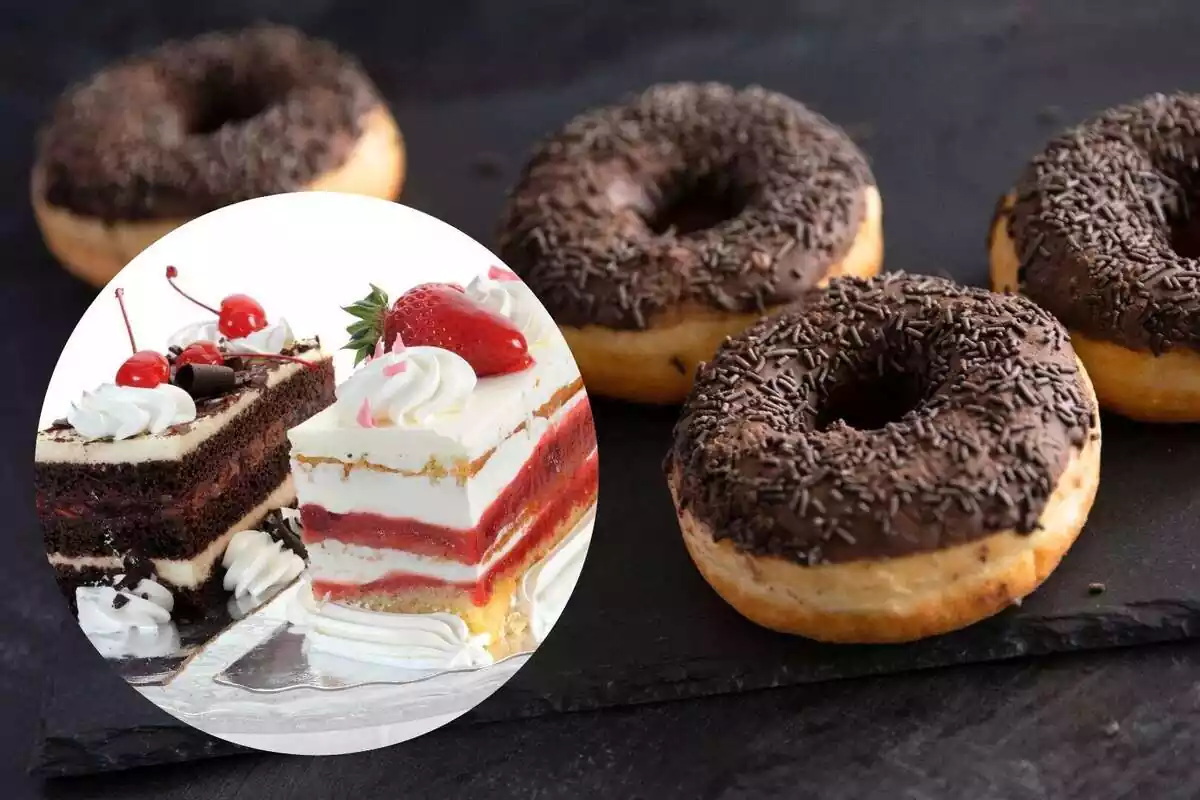 Muntatge amb una imatge de fons de donuts banyats en xocolata i una altra imatge de dos trossos de pastís, un de nata i maduixes i un altre de xocolata