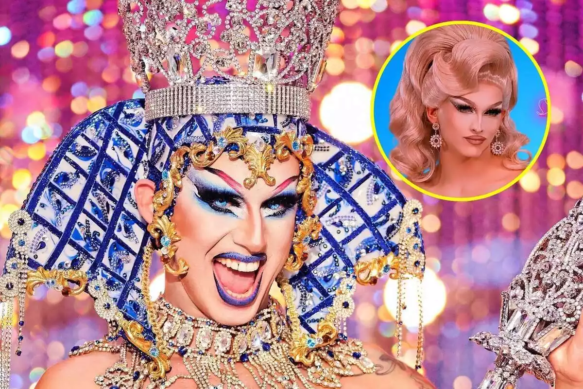 Montaje de Drag Sethlas como ganadora con una fotografía de Sagittaria en Drag Race: All Stars