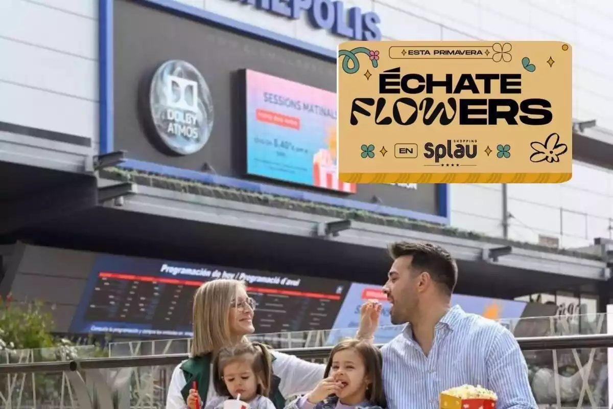 Una família menjant al centre comercial Splau i un cartell del festival Échate flowers