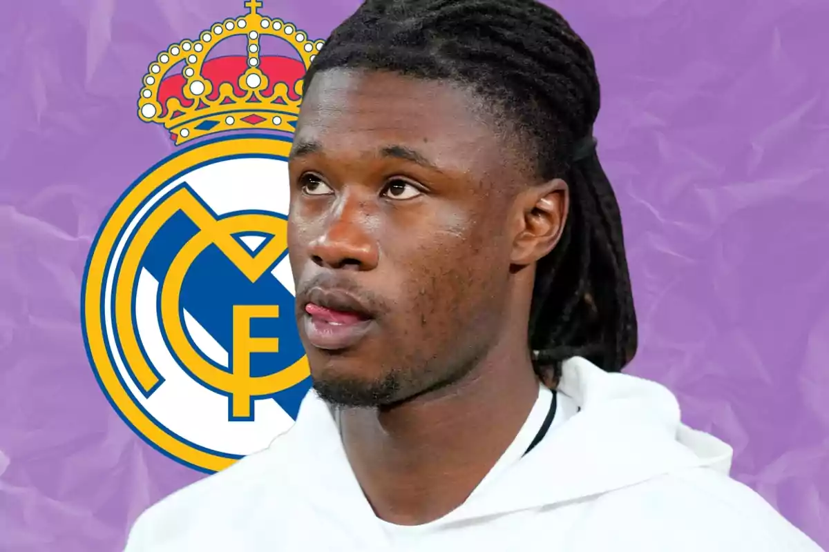 Soccer player with dreadlocks and a white hoodie in front of the Real Madrid crest against a purple background