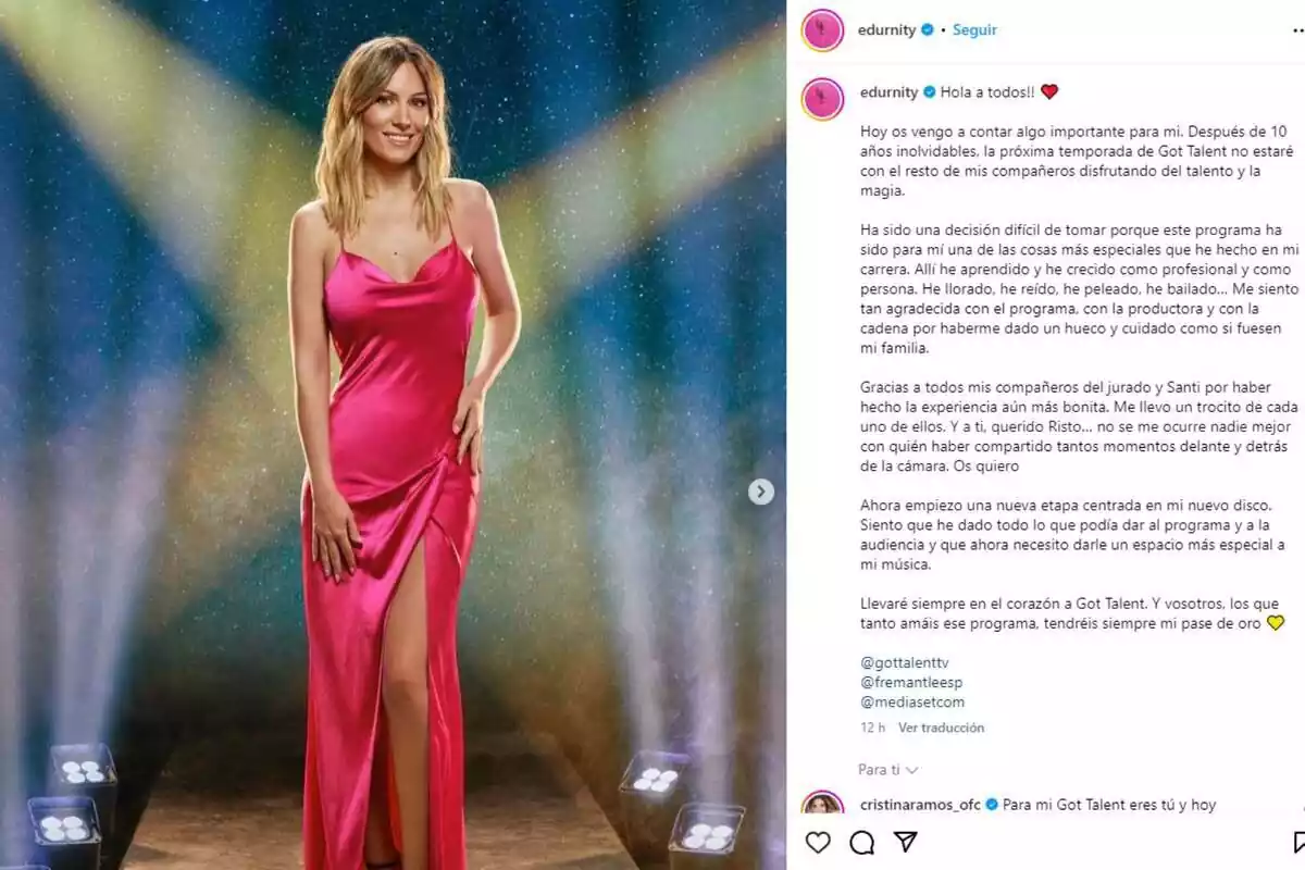 Edurne's Instagram post in a long pink dress announcing that she will be leaving Got Talent on March 12, 2024