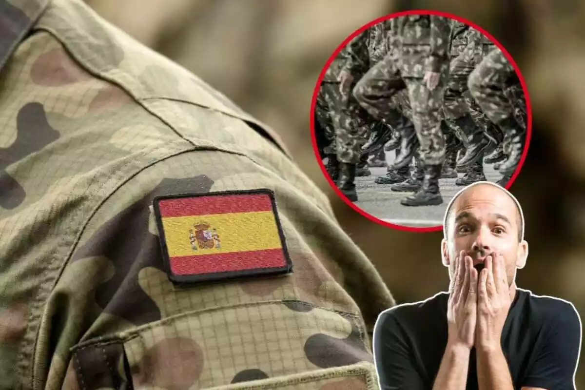 Imatge de fons d´un tros d´un uniforme militar amb la bandera d´Espanya i una altra imatge de diversos militars marxant, a més de la imatge d´un home amb gest de sorpresa