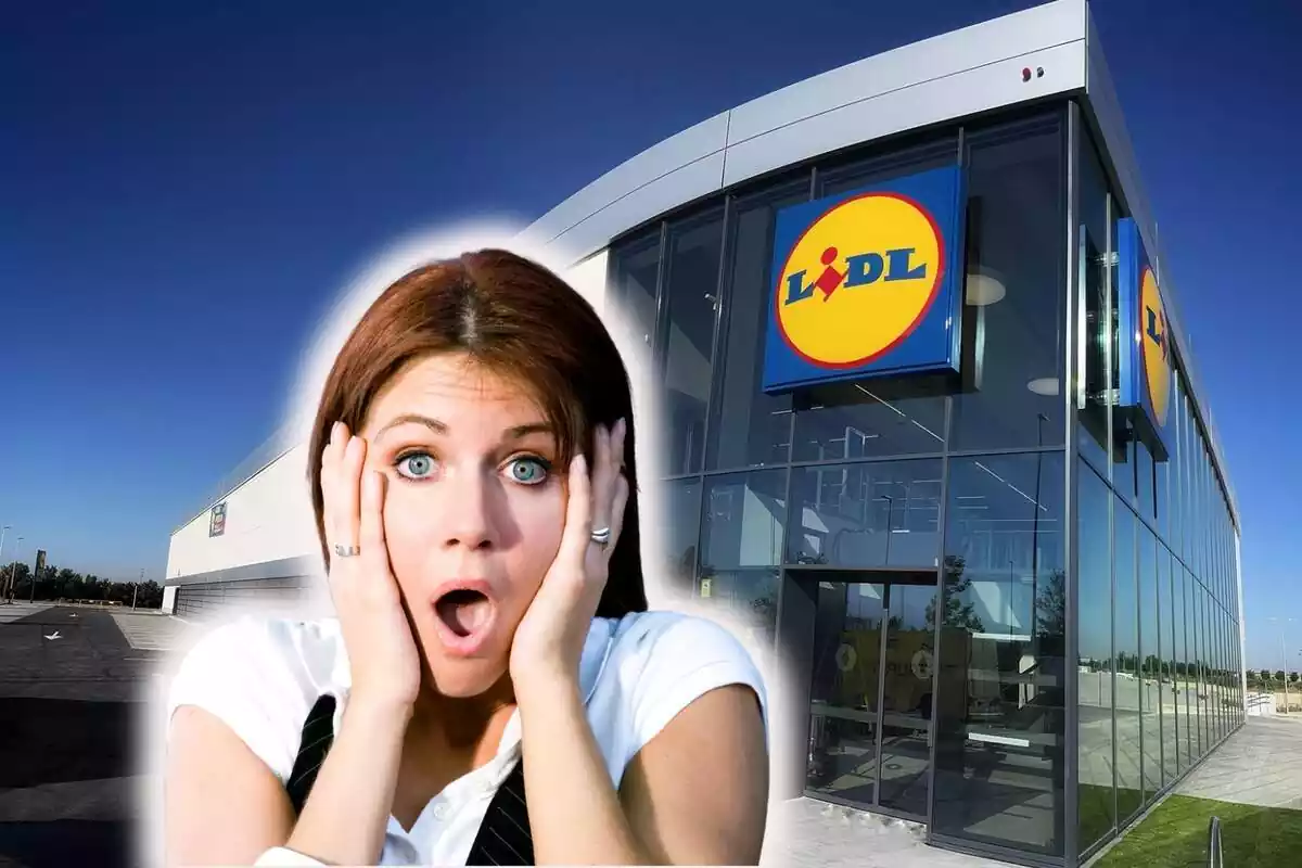 Dona morena d'ulls blaus sorpresa amb les mans a la cara sobre fons de Lidl