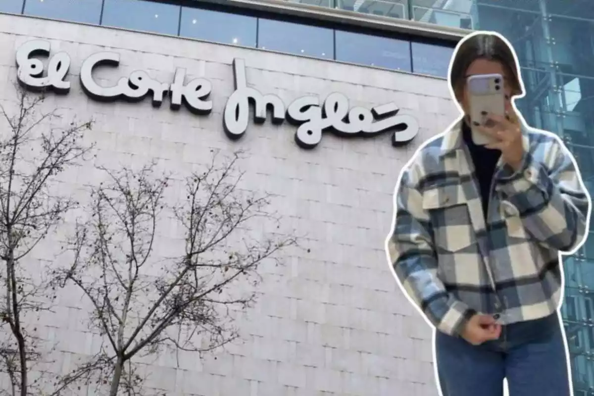 Imatge de fons d´una botiga El Corte Inglés i una altra d´una persona posant amb una sobrecamisa de quadres