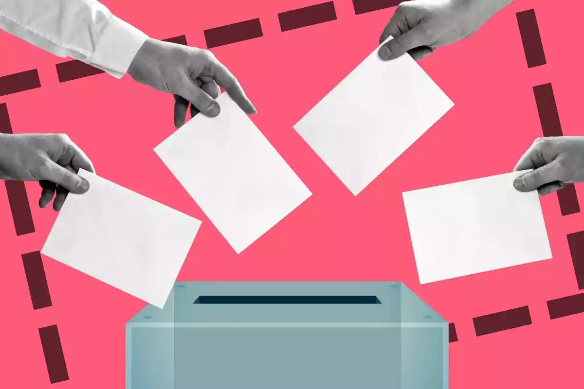 Imatge de 4 mans dipositant un vot en una urna electoral