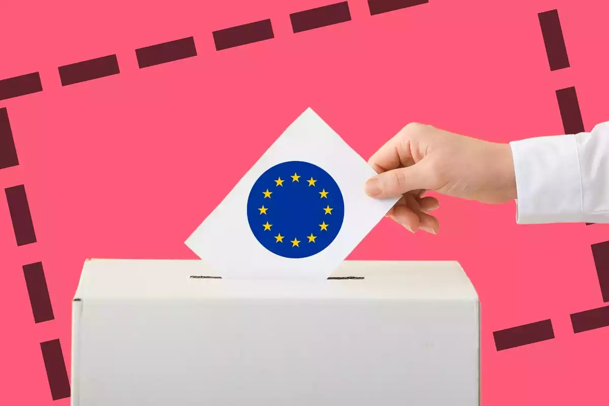 Imatge amb el fons vermell d'una mà introduint una papereta amb la bandera de la UE a una urna