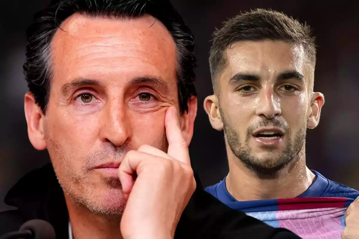 Unai Emery amb la mà a la galta amb Ferran Torres al fons lamentant-se