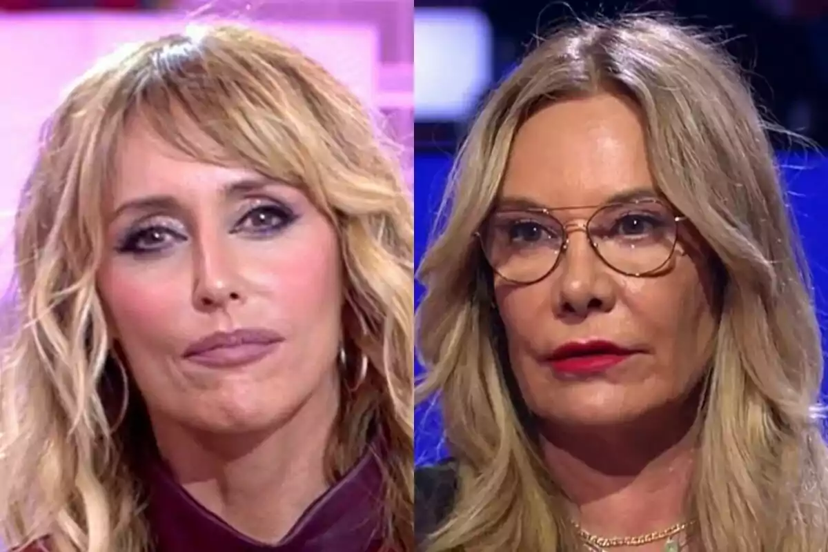 Emma García en Fiesta y Belén Rodríguez ambas con cabello rubio y maquillaje destacado, una lleva gafas y la otra tiene el cabello rizado.