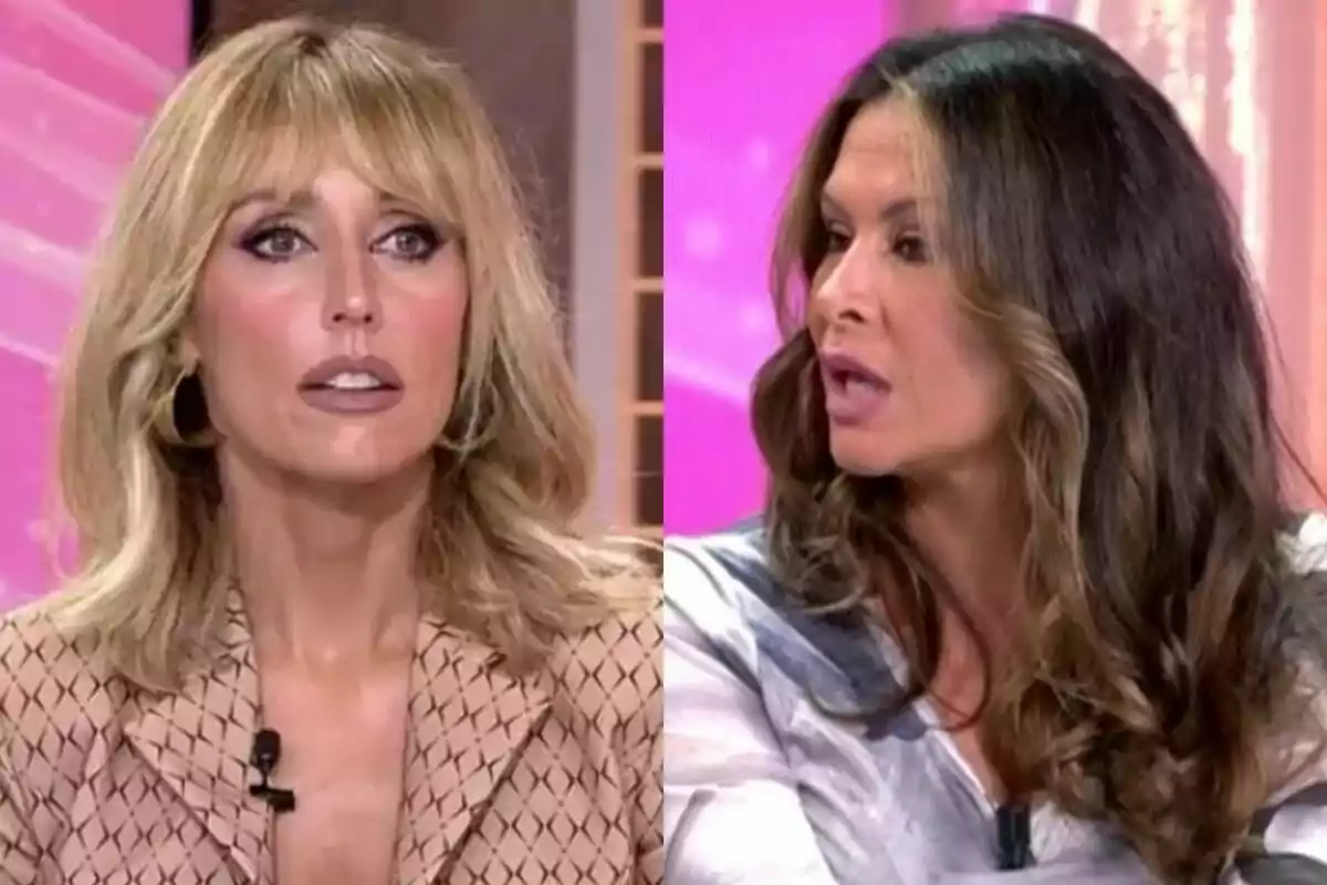 Emma García amb expressió seriosa a l'esquerra amb Mar Montoro parlant a la dreta, totes dues al plató de Fiesta.