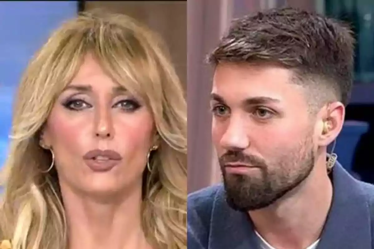 Emma García parlant a l'esquerra amb Alejandro Albalá amb expressió seriosa i pinganillo a la dreta, tots dos a Fiesta.